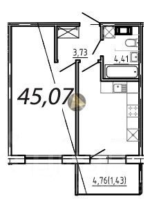 Продажа 1-комнатной квартиры 45,1 м², 2/5 этаж