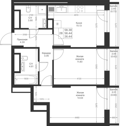 Продажа 2-комнатной квартиры 58,4 м², 19/25 этаж