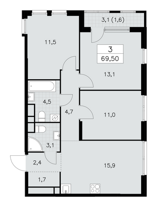 69,5 м², 3-комн. квартира, 20/30 этаж