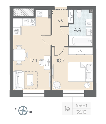 Продажа 1-комнатной квартиры 36,1 м², 2/10 этаж