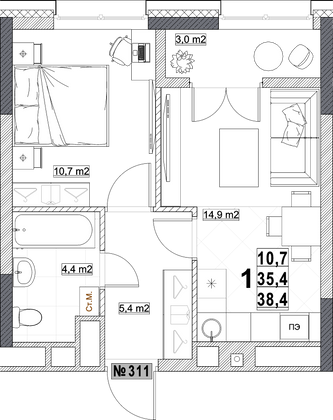 Продажа 1-комнатной квартиры 38,4 м², 23/24 этаж