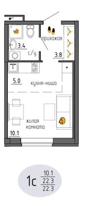 22,3 м², студия, 2/25 этаж