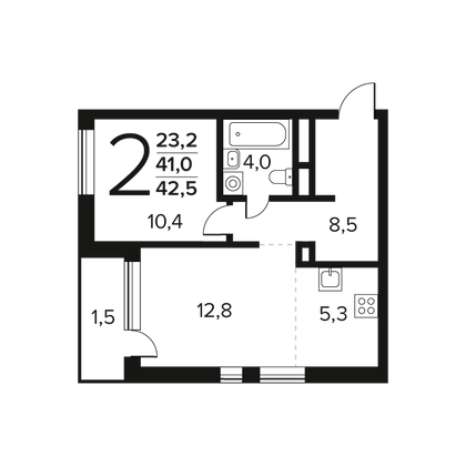 42,5 м², 2-комн. квартира, 4/14 этаж