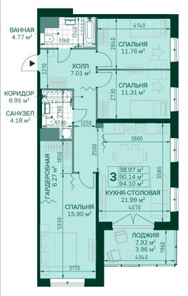 90,2 м², 3-комн. квартира, 2/14 этаж