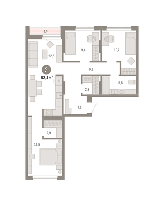 Продажа 3-комнатной квартиры 82,3 м², 2/9 этаж