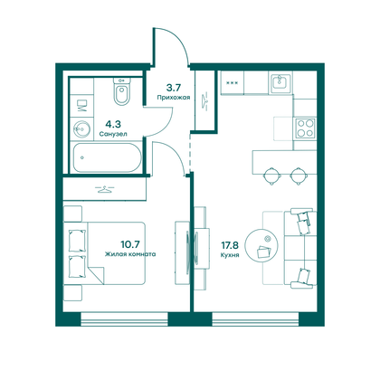 36,5 м², 1-комн. квартира, 2 этаж