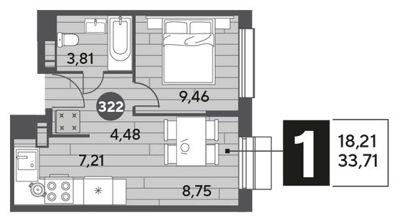 Продажа 1-комнатной квартиры 33,7 м², 9/15 этаж