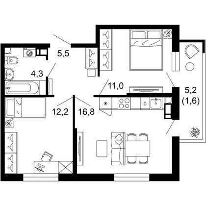 51,4 м², 2-комн. квартира, 2/12 этаж