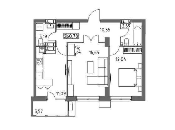 60,8 м², 2-комн. квартира, 19/19 этаж