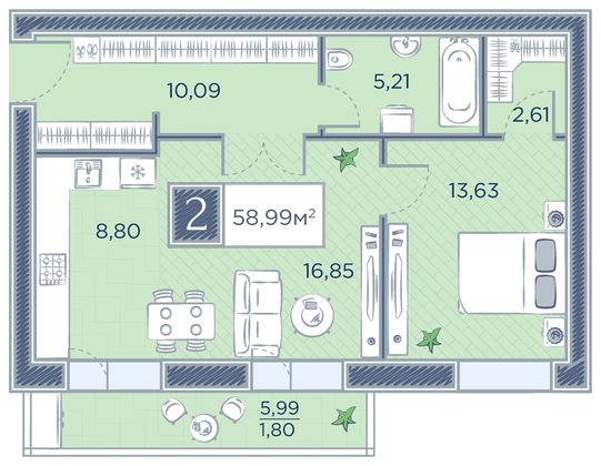 Продажа 2-комнатной квартиры 59 м², 2/7 этаж