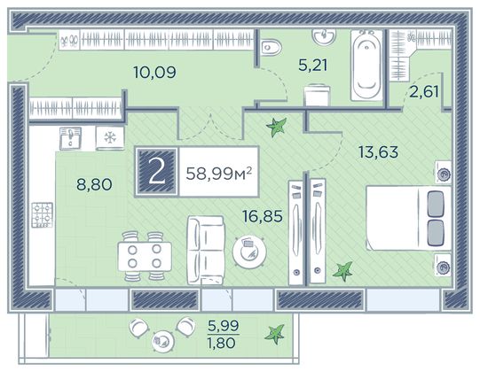 59 м², 2-комн. квартира, 2/7 этаж