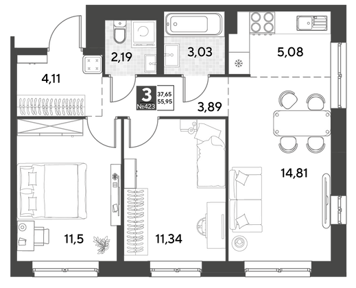 Продажа 3-комнатной квартиры 56 м², 6/21 этаж