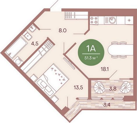 Продажа 1-комнатной квартиры 51,3 м², 4/17 этаж