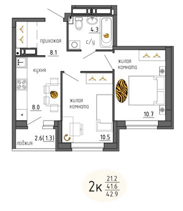 42,9 м², 2-комн. квартира, 10/25 этаж