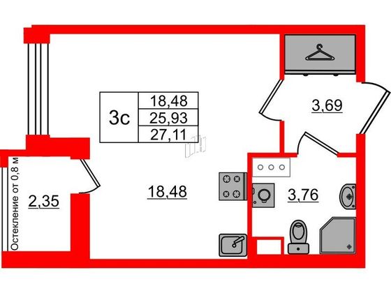 Продажа квартиры-студии 25,9 м², 3/12 этаж