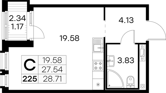 28,7 м², студия, 10/15 этаж