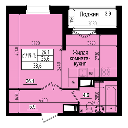 38,6 м², студия, 11/23 этаж