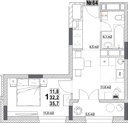 Продажа 1-комнатной квартиры 35,7 м², 7/24 этаж