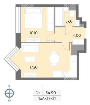 Продажа 1-комнатной квартиры 34,9 м², 21/30 этаж