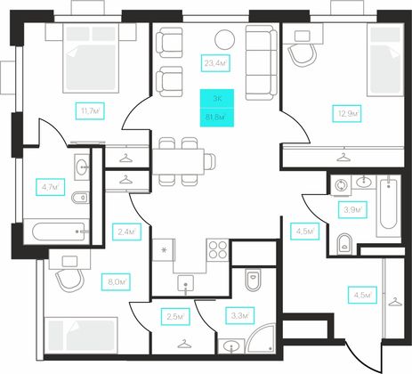 81,8 м², 3-комн. квартира, 17/23 этаж