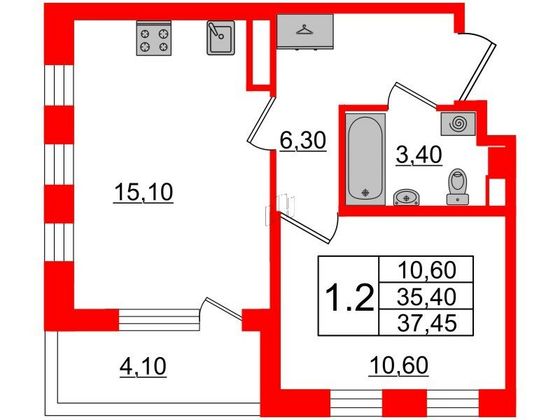 Продажа 1-комнатной квартиры 35,4 м², 4/4 этаж