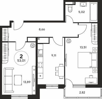 52,9 м², 2-комн. квартира, 8 этаж