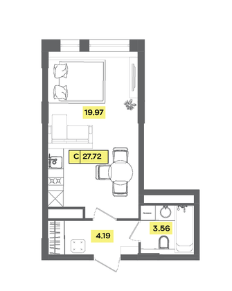 Продажа квартиры-студии 27,7 м², 3 этаж