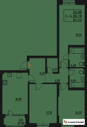 91 м², 3-комн. квартира, 3/20 этаж