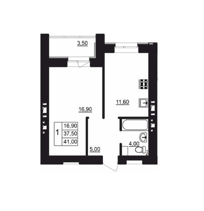 41 м², 1-комн. квартира, 1/12 этаж