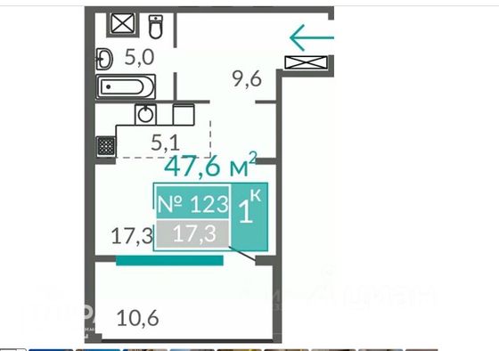 Продажа 1-комнатной квартиры 47,6 м², 7/9 этаж