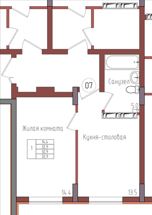 32,9 м², 1-комн. квартира, 1/9 этаж