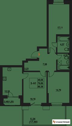 86,4 м², 3-комн. квартира, 1/20 этаж