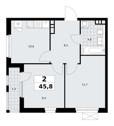 45,8 м², 2-комн. квартира, 13/30 этаж