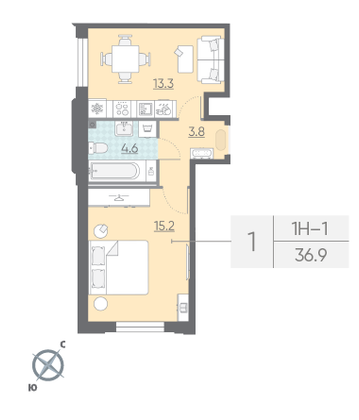 Продажа 1-комнатной квартиры 36,9 м², 2/23 этаж