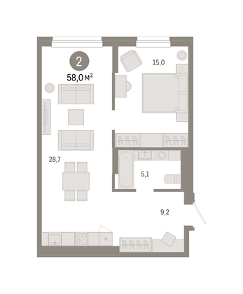 58 м², 1-комн. квартира, 2/17 этаж