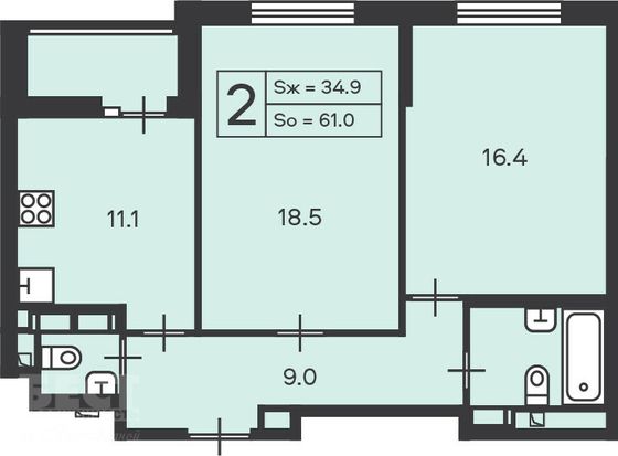 Продажа 2-комнатной квартиры 61 м², 2/14 этаж