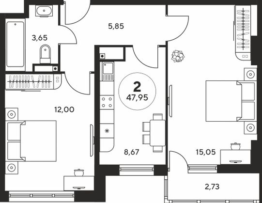 48 м², 2-комн. квартира, 11 этаж