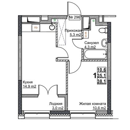 Продажа 1-комнатной квартиры 38,1 м², 21/24 этаж