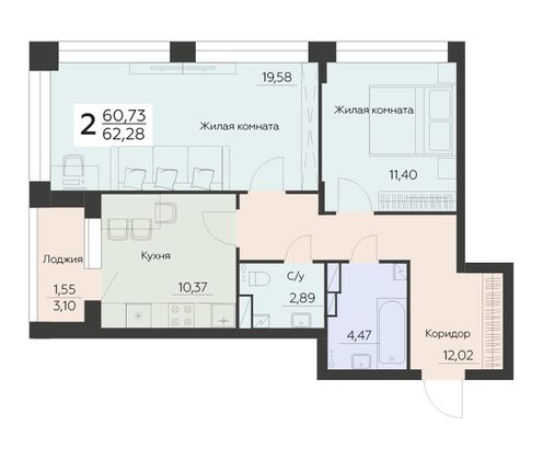 Продажа 2-комнатной квартиры 62,3 м², 5 этаж