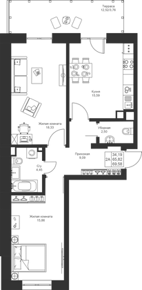 69,6 м², 2-комн. квартира, 1/4 этаж