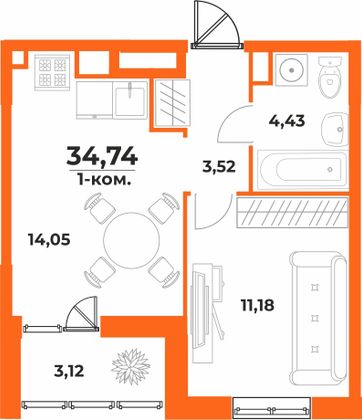 34,7 м², 1-комн. квартира, 2/10 этаж