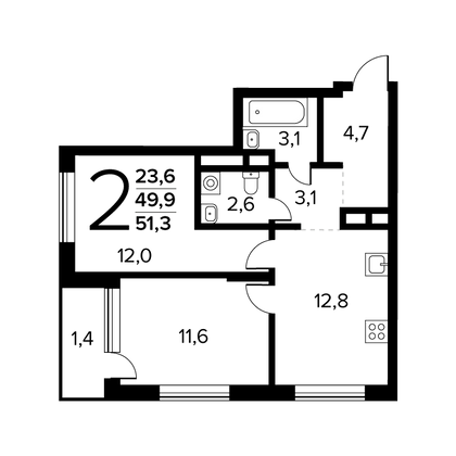 Продажа 2-комнатной квартиры 51,3 м², 2/14 этаж