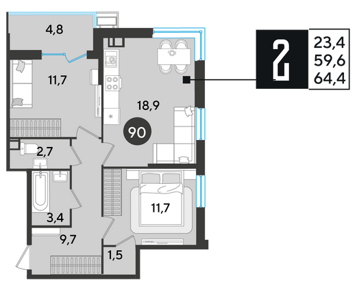 Продажа 2-комнатной квартиры 64,4 м², 3/18 этаж