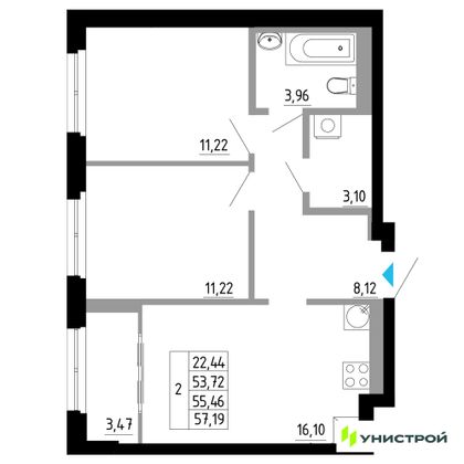 55,5 м², 2-комн. квартира, 5/27 этаж