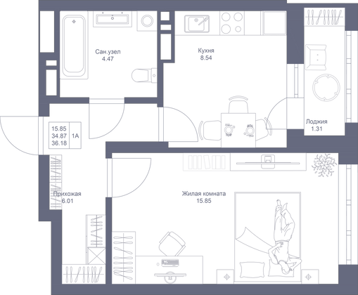 36,2 м², 1-комн. квартира, 11/22 этаж