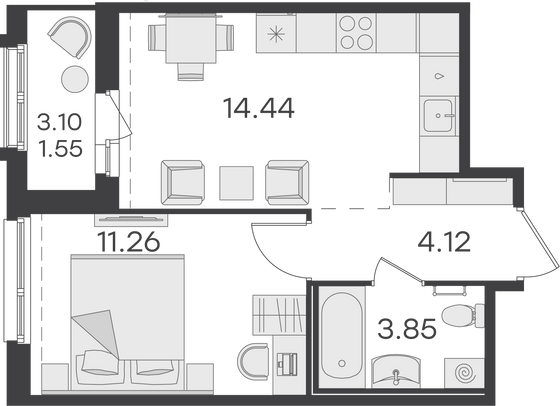 35,2 м², 1-комн. квартира, 13/15 этаж