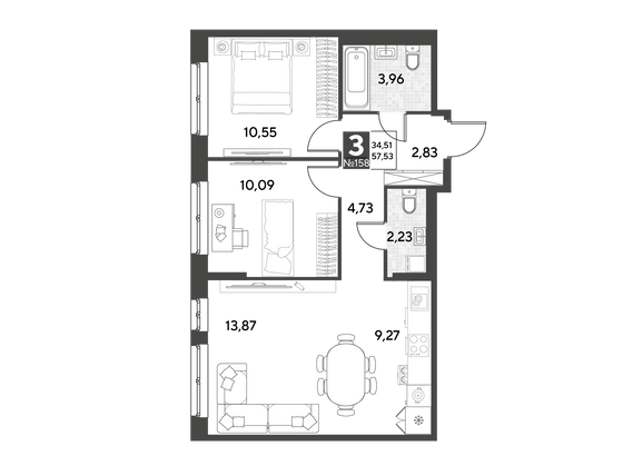 Продажа 3-комнатной квартиры 57,5 м², 21/25 этаж