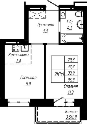 33,9 м², 2-комн. квартира, 9/16 этаж