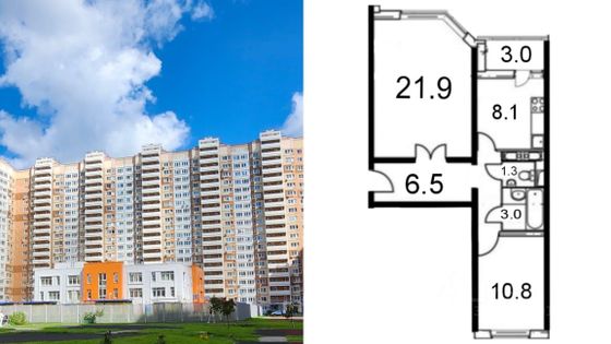 Продажа 2-комнатной квартиры 54,9 м², 5/21 этаж