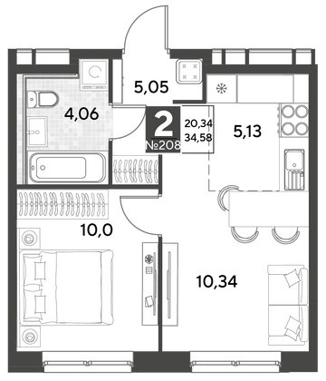 Продажа 2-комнатной квартиры 34,6 м², 3/25 этаж